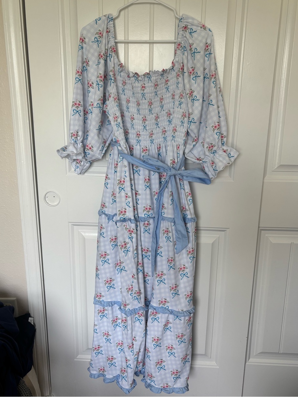Light Blue Floral Smocked Maxi Dress with Waist Tie